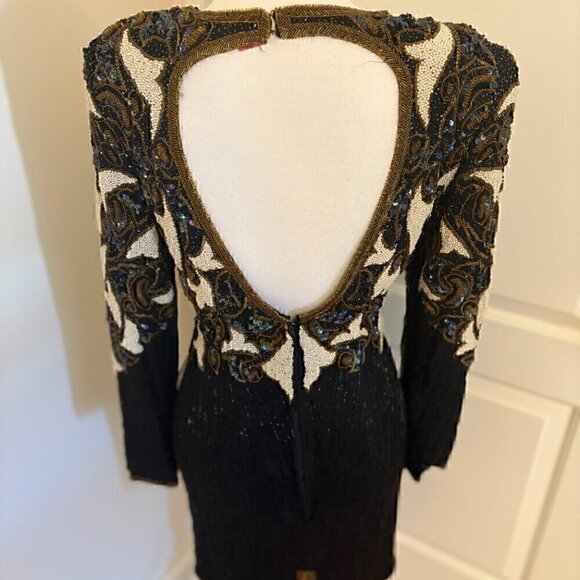 NEW WITH TAGS VINTAGE 100% SILK FULL SEQUINED OPEN BACK COCKTAIL DRESS SIZE S - Picture 2 of 12